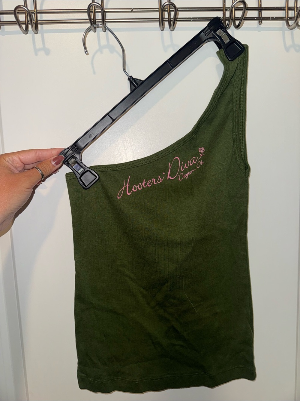 Hooters Olive Green One-Shoulder Tank with Pink Script